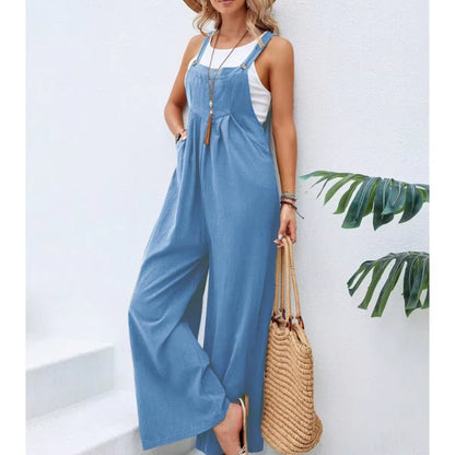 Summer Trendy New Pants Women Cotton Casual Jumpsuit Solid Multi-Color Wide Leg Straight Pants Office Lady&