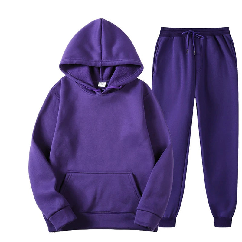 New Men Women Tracksuit Hoodies Casual Solid Color Thick Pullover and Long Pant 2-Piece Set Men Autumn Fleece Jogger Sports Suit