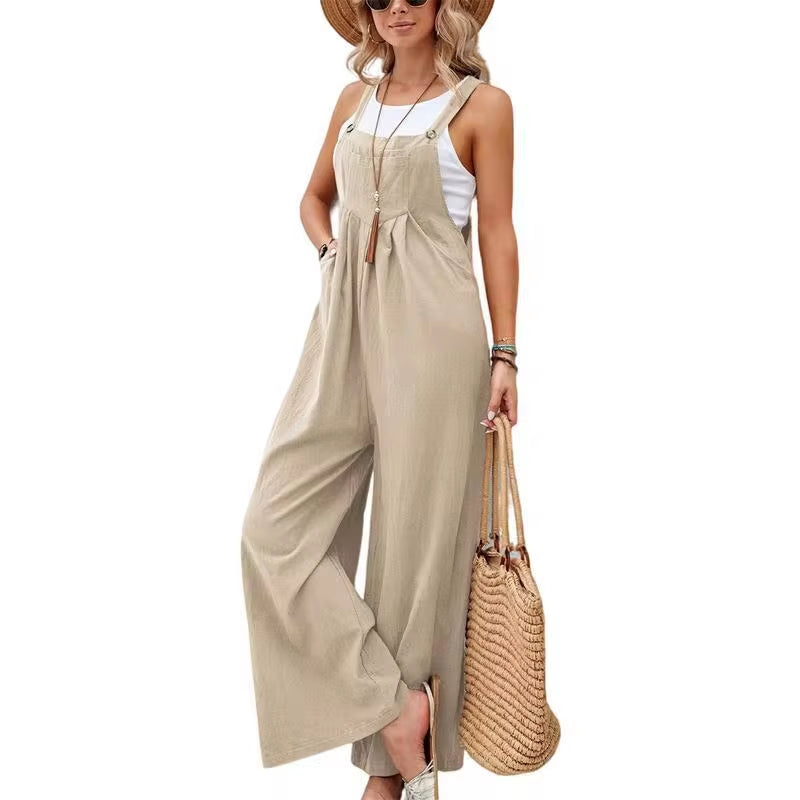 Summer Trendy New Pants Women Cotton Casual Jumpsuit Solid Multi-Color Wide Leg Straight Pants Office Lady&