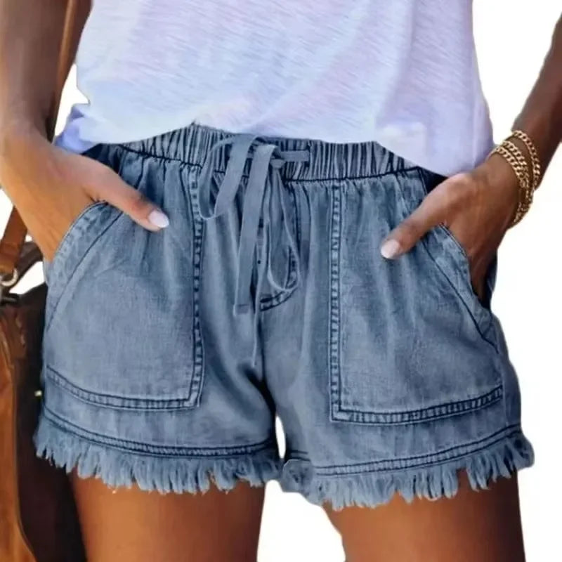 2023 New High Waist Elastic Waist Casual High Waist Slim Shorts Jeans Summer Women&