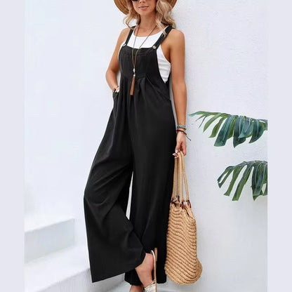 Summer Trendy New Pants Women Cotton Casual Jumpsuit Solid Multi-Color Wide Leg Straight Pants Office Lady&