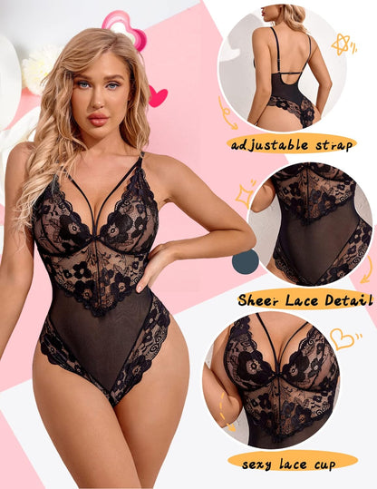 Womens Snap Crotch Lingerie Lace Teddy One Piece Babydoll Sexy Mini Bodysuit