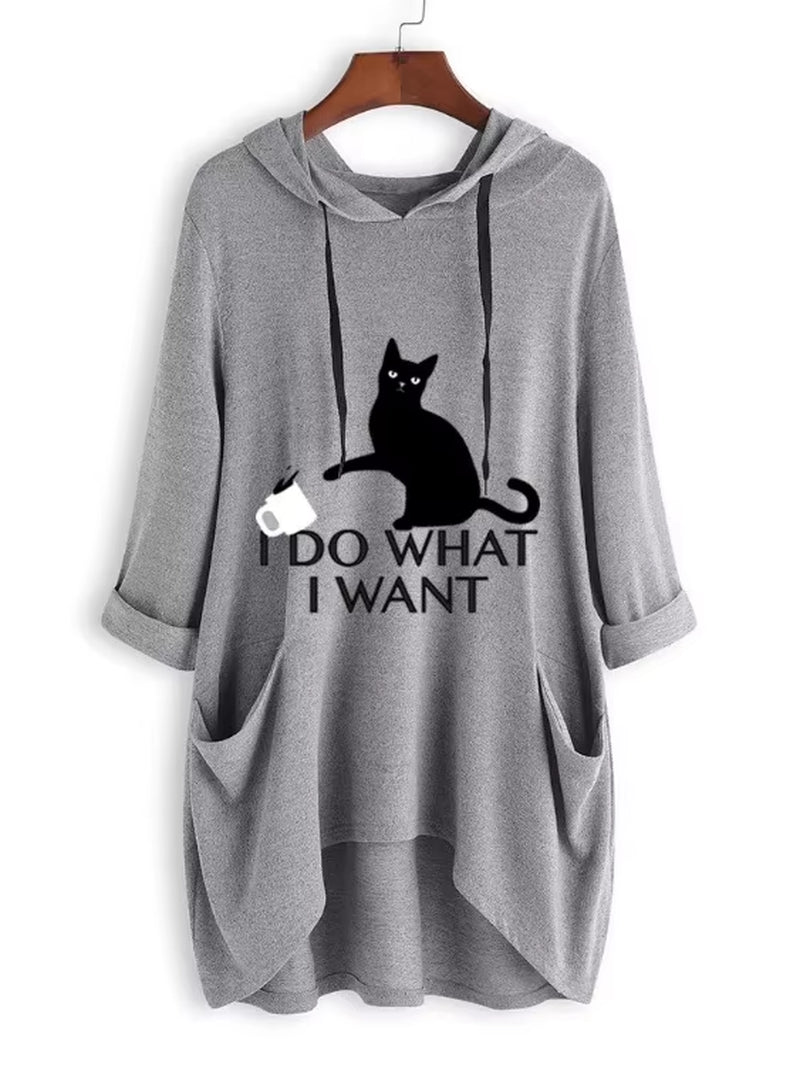 Fashion Trend Loose Large Size Knitted Long Sleeve Hoodie Irregular Cat Print Ladies