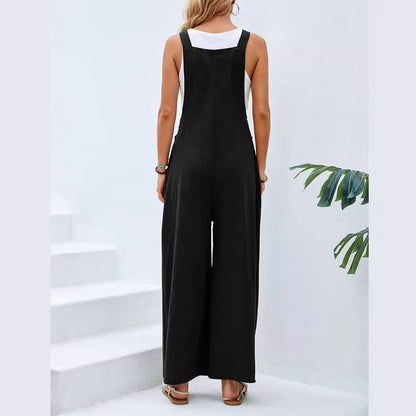 Summer Trendy New Pants Women Cotton Casual Jumpsuit Solid Multi-Color Wide Leg Straight Pants Office Lady&