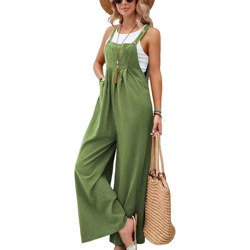 Summer Trendy New Pants Women Cotton Casual Jumpsuit Solid Multi-Color Wide Leg Straight Pants Office Lady&