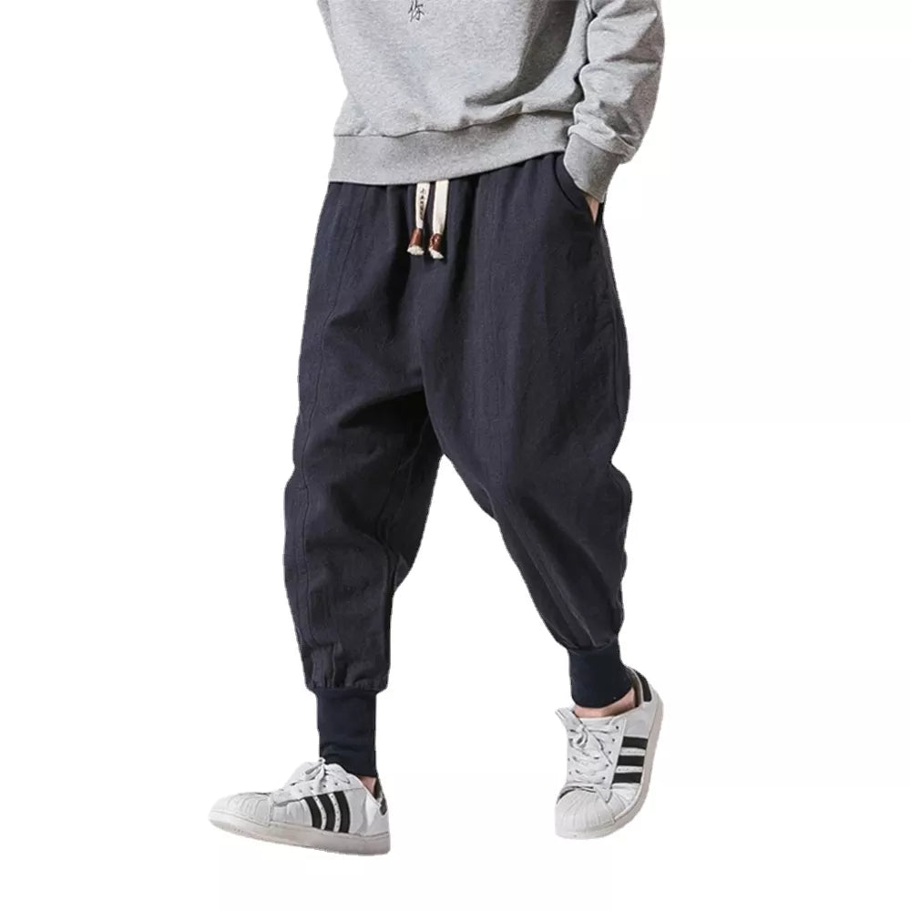 Cotton Linen Harem Pants Men Solid Elastic Waist Streetwear Joggers New Baggy Drop-Crotch Pants Casual Trousers Men