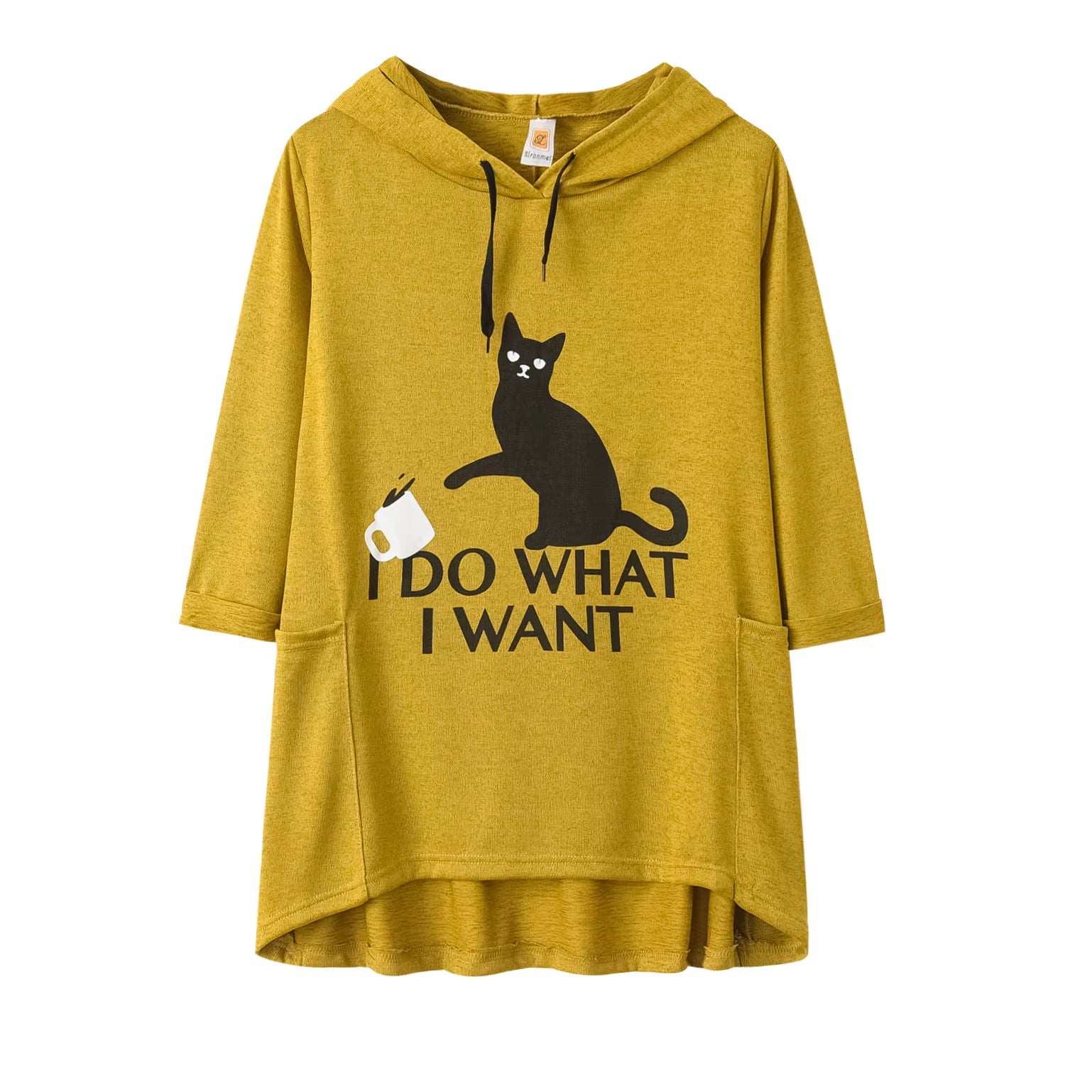 Fashion Trend Loose Large Size Knitted Long Sleeve Hoodie Irregular Cat Print Ladies