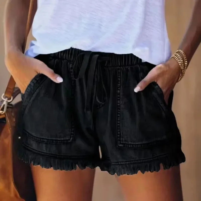 2023 New High Waist Elastic Waist Casual High Waist Slim Shorts Jeans Summer Women&