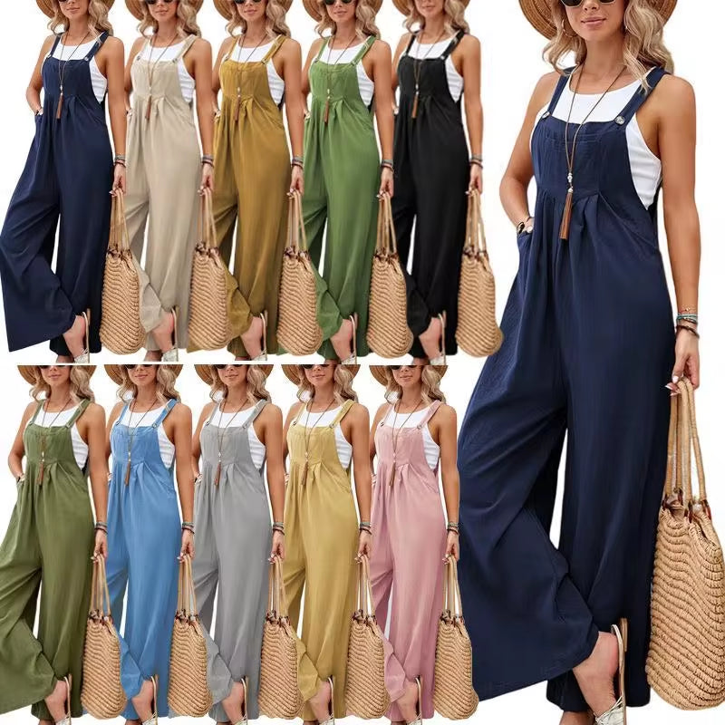 Summer Trendy New Pants Women Cotton Casual Jumpsuit Solid Multi-Color Wide Leg Straight Pants Office Lady&