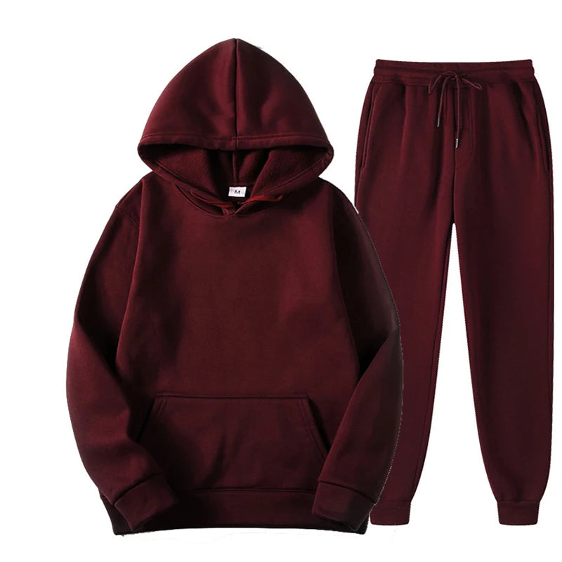 New Men Women Tracksuit Hoodies Casual Solid Color Thick Pullover and Long Pant 2-Piece Set Men Autumn Fleece Jogger Sports Suit