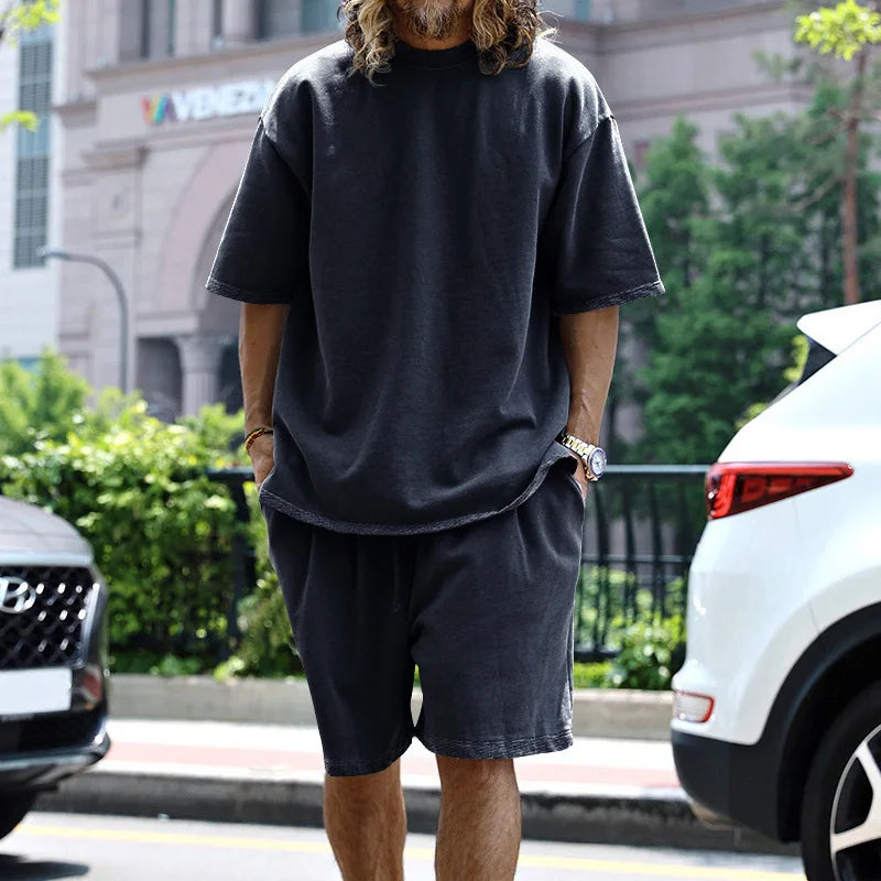 2024 Summer New Large Cotton Men Set Casual Sports round Neck Solid Color Loose Male Two Piece Set