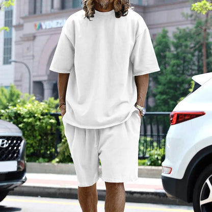 2024 Summer New Large Cotton Men Set Casual Sports round Neck Solid Color Loose Male Two Piece Set