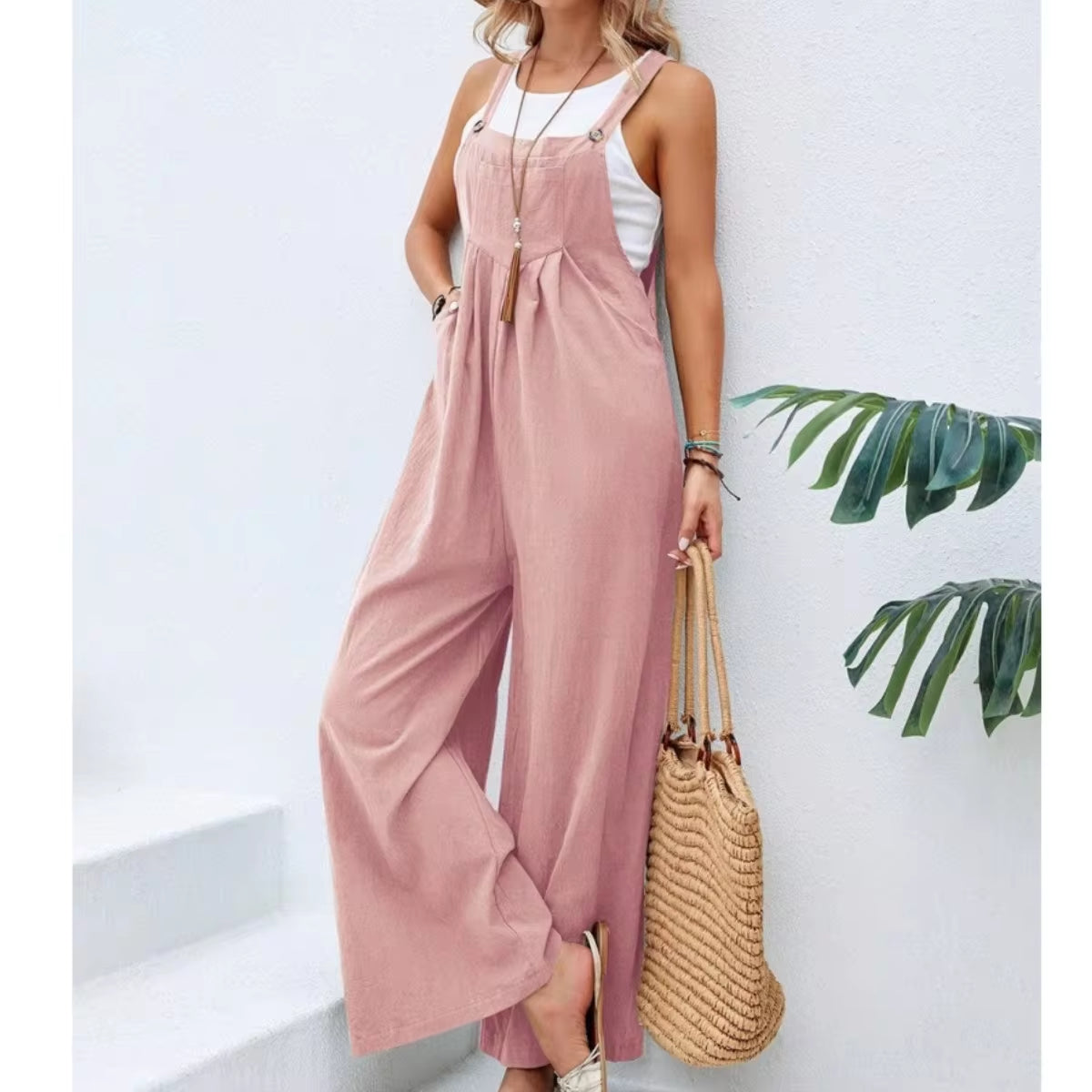 Summer Trendy New Pants Women Cotton Casual Jumpsuit Solid Multi-Color Wide Leg Straight Pants Office Lady&