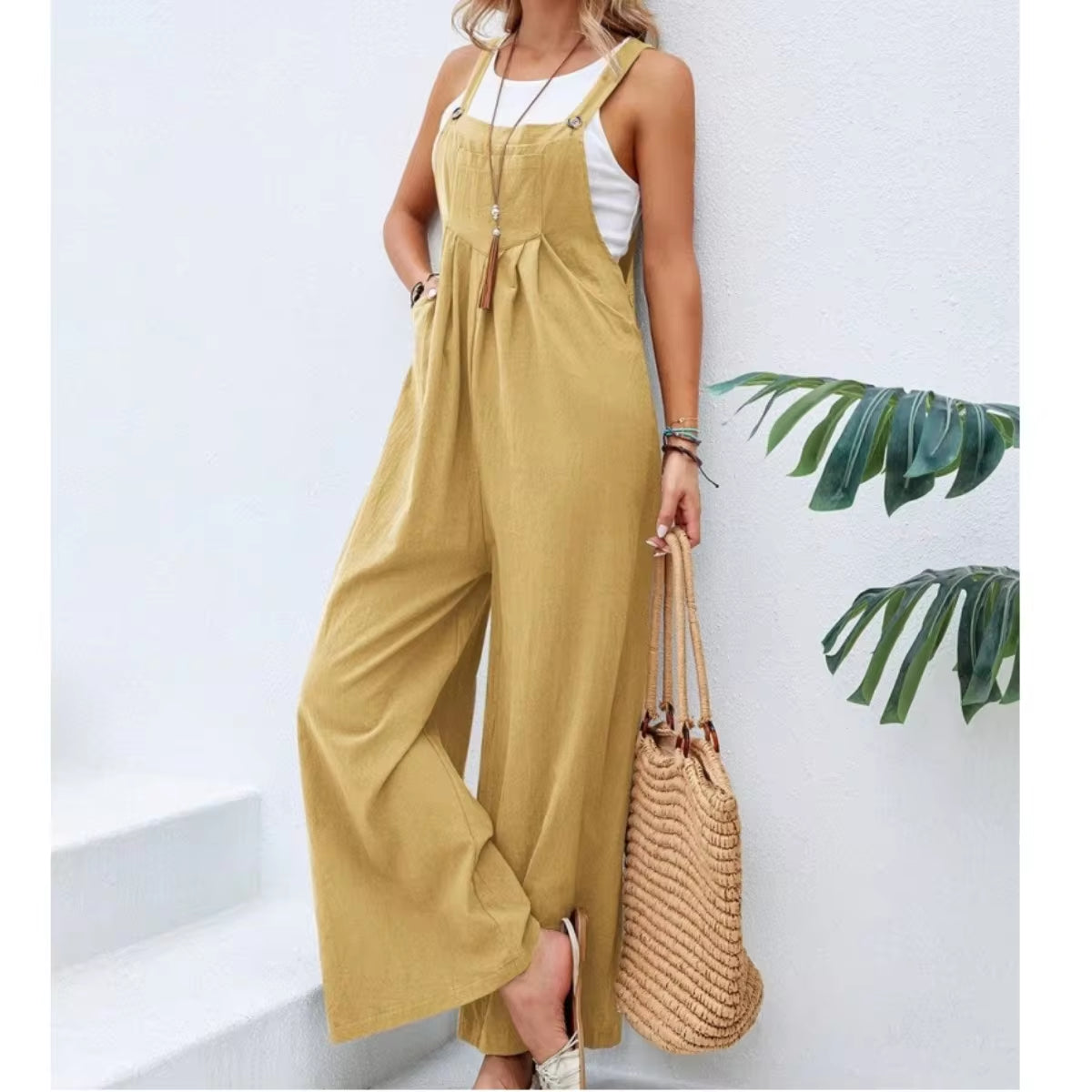 Summer Trendy New Pants Women Cotton Casual Jumpsuit Solid Multi-Color Wide Leg Straight Pants Office Lady&