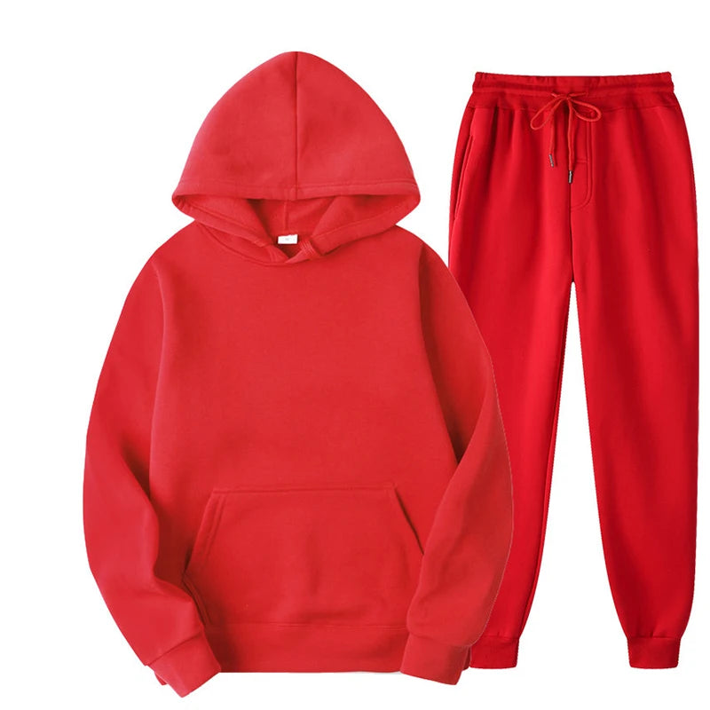 New Men Women Tracksuit Hoodies Casual Solid Color Thick Pullover and Long Pant 2-Piece Set Men Autumn Fleece Jogger Sports Suit